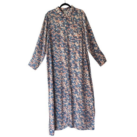 HAUTE HIPPIE | FLORAL MAXI SHIRTDRESS LONG SLEEVE BUTTON FRONT BLUE & WHITE | XL - Picture 2 of 11